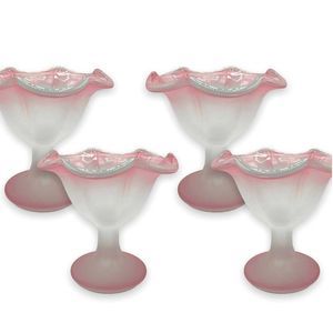 4 KIG Indonesia Frosted Light Pink & Clear Ruffled Petal Edge Glass 5" Compote